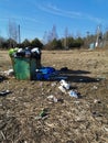 Pile of Garbage plastic black and trash bag waste many on the footpath, pollution trash, Plastic Waste and Bag Foam tray Garbage Royalty Free Stock Photo