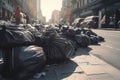 Pile of Garbage plastic black and trash bag waste many in the footpath, pollution concept..Generative AI Royalty Free Stock Photo