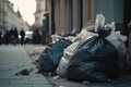 Pile of Garbage plastic black and trash bag waste many in the footpath, pollution concept..Generative AI Royalty Free Stock Photo