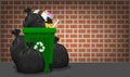 Pile of garbage waste and bag plastic at green recycle bin on brick wall, plastic garbage waste many, plastic waste dump and bin