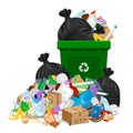 Pile of garbage waste and bag plastic at green recycle bin isolated on white, plastic garbage waste many, plastic waste dump and