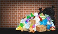 Pile garbage waste plastic many at brick wall, stack garbage plastic and paper many dump, different types waste organic, plastic