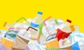 Pile of garbage waste plastic and paper many isolated on yellow background, illustration bottles plastic garbage waste many, stack