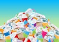 Pile garbage waste plastic and paper in mountain shape isolated on blue background, bottles plastic garbage waste many, stack