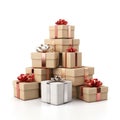 Pile of gift boxes with bows on white Royalty Free Stock Photo