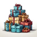 Pile of gift boxes with bows on white Royalty Free Stock Photo