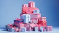 Pile of gift boxes with ribbons on blue background. Stack of pink and blue gift boxes. Generative AI