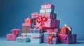 Pile of gift boxes with ribbons on blue background. Stack of pink and blue gift boxes. Generative AI