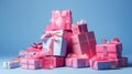 Pile of gift boxes with ribbons on blue background. Stack of pink and blue gift boxes. Generative AI