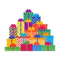 Big pile gift boxes. Set of colorful presents. Vector