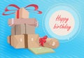 A vector pile of gift boxes in plain paper and the inscription `Happy Birthday`