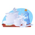 Pile glossy washed dishes with sponge and detergent vector flat illustration. Domestic chore Royalty Free Stock Photo