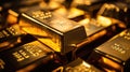 Pile of gold bars, shiny golden ingots closeup, much money bricks in dark room. Concept of luxury blocks, wealth, finance, bullion