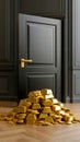 A pile of gold bars sitting on the floor in front of a door Royalty Free Stock Photo