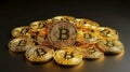 Pile of Gold Bitcoin Coins on Dark Surface Royalty Free Stock Photo