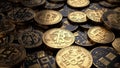 A pile of gold Bitcoin cryptocurrency coins with a close up view of the coin in the center