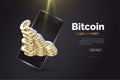 Pile of Gold Bitcoins Come out From Smartphone. Bitcoin Cryptocurrency on Mobile. Digital Currency Background