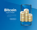 Pile of Gold Bitcoins with Smartphone Isolated on Blue Technology Background. Bitcoin Cryptocurrency on Mobile. Digital Currency