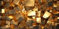 Pile of gold blocks or cubes, abstract ore background. Pattern of raw golden nuggets, fantasy view. Concept of mine, metal, rock,