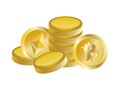 Pile of gold coins and cryptocurrencies icon vector
