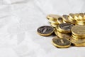 A pile of gold coins isolated on a white background. Treasure hunt. Scattered coins on the white background. Royalty Free Stock Photo