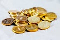 A pile of gold coins isolated on a white background. Treasure hunt. Scattered coins on the white background. Royalty Free Stock Photo