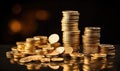 A pile of gold coins sitting next to a stack of silver coins