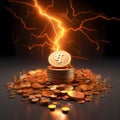 A pile, gold coins and a thunderbolt. A pile of coins Royalty Free Stock Photo
