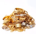 A pile of gold jewelry and bracelets with white background