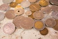 Pile of gold and silber coins on the natural background Royalty Free Stock Photo