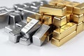A pile of gold and silver bars of different Royalty Free Stock Photo