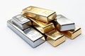 A pile of gold and silver bars of different Royalty Free Stock Photo