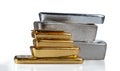 A pile of gold and silver bars of different Royalty Free Stock Photo