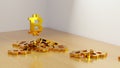 Pile of golden bitcoin signs on a table. Cryptocurrency investment concept. Digital 3D render