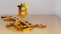 Pile of golden bitcoin signs on a table. Cryptocurrency investment concept. Digital 3D render