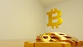 Pile of golden bitcoin signs on a table. Cryptocurrency investment concept. Digital 3D render