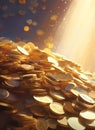 Pile of golden coins in a beam of light, illustration with copy space