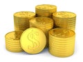 Pile of golden coins with dollar symbol isolated on white background Royalty Free Stock Photo