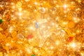 Pile of golden coins gems jewel and diamond treasure with blink glitter for background