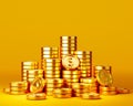 Pile of golden dollar coins on bright yellow background