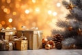 Pile of golden gift boxes, pine cones and a Christmas tree decorated with ornaments on a shiny atmosphere against an unfocused