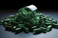 a pile of green capsules for the medicine industry.