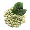 Pile of green coffee beans and leaves on white background, top view Royalty Free Stock Photo