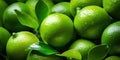 Pile of Green Limes Background. Wet Sour Citrus Fruits Heap with Green Leaves Closeup. Generative AI Royalty Free Stock Photo