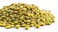 A pile of green mung bean studio shot product presentation food photography isolated on white