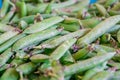 Pile of green snap peas pea pods being sold at a farmer`s market Royalty Free Stock Photo