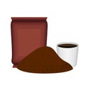 Pile ground coffee with a bag and cup