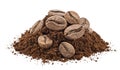 Pile of ground coffee and coffee beans isolated on white background Royalty Free Stock Photo