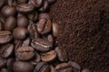 Pile of ground or instant coffee and roasted coffee beans seeds. background Royalty Free Stock Photo