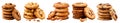 Pile group stack tower of round cookie cookies biscuit, nut set, on transparent background cutout. PNG